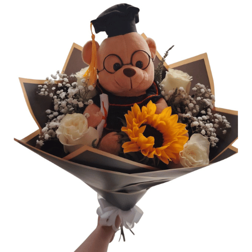 Ramo rosas blancas y girasoles con peluche graduación