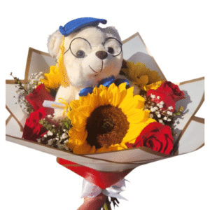 Ramo surtido rosas rojas, Girasoles+ peluche graduación