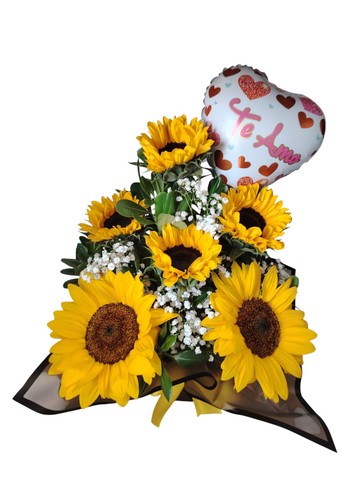 ARREGLO EN BASE GIRASOLES+GLOBO TE AMO